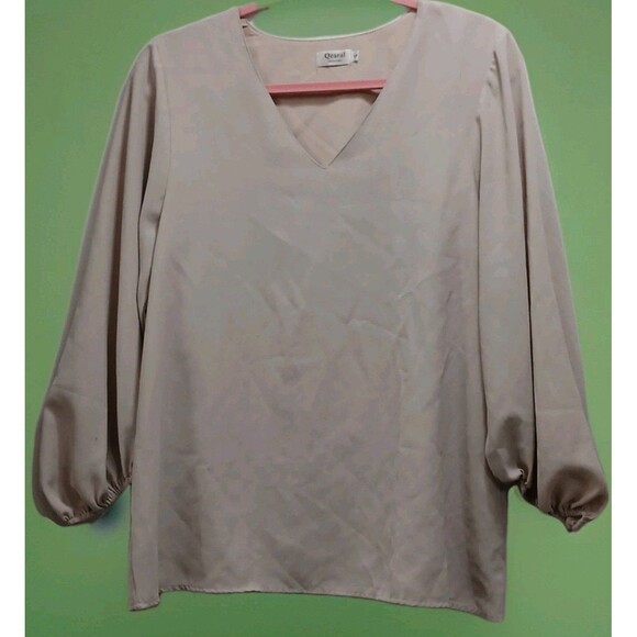 Qearal Blouse Women’s S Neutral Tan V-Neck Long Sleeve Balloon Oversized Top - Picture 1 of 6